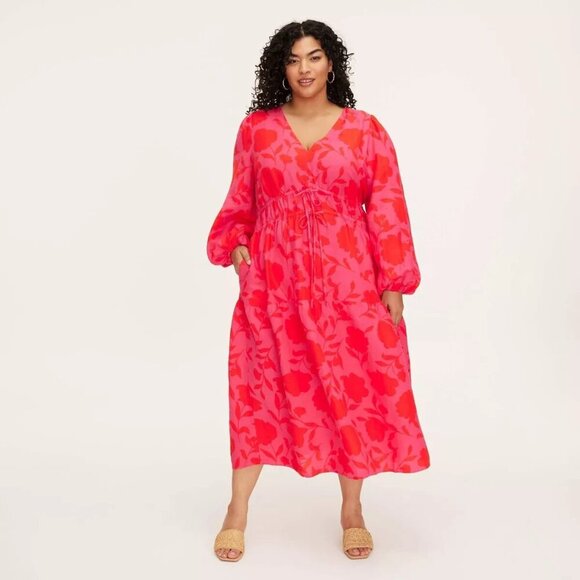 Choose S M | Classic Rose Linen Long Sleeve Maxi Dress Kate Spade Pink Red - Picture 6 of 10
